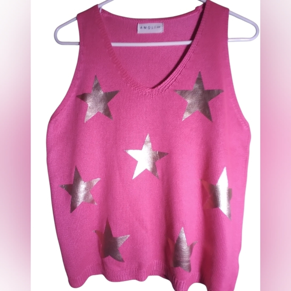 Amoli Pink With Silve Star Sleeveless Tank Top Knit Summer Boho Hippie Croquette